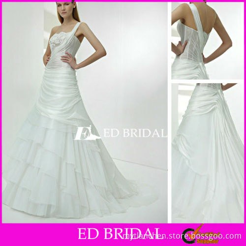 A Line One Shoulder Court Train Tiered Organza Embroidery Ruffle Scalloped Lace Wedding Dress